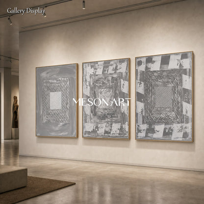 Gray Abstract Triptych With Textured Relief For Modern Living Room Decor