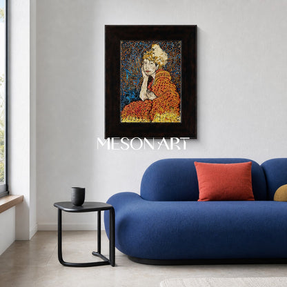 Art Deco Inspired Abstract Portrait Painting With Gold And Blue Tones For Modern Living Room Decor
