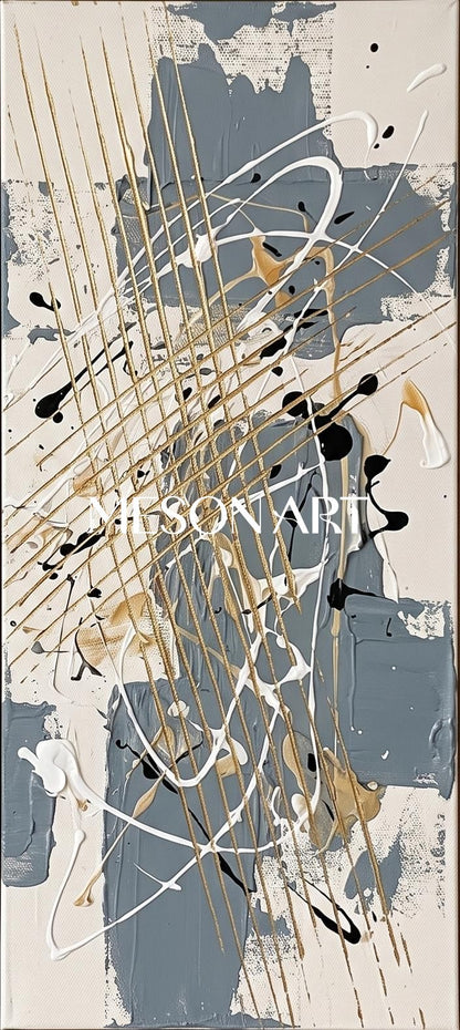 Blue And Gold Abstract Painting Jackson Pollock Inspired Art Style Rectangular Wall Decor For Living Room By Mesonart