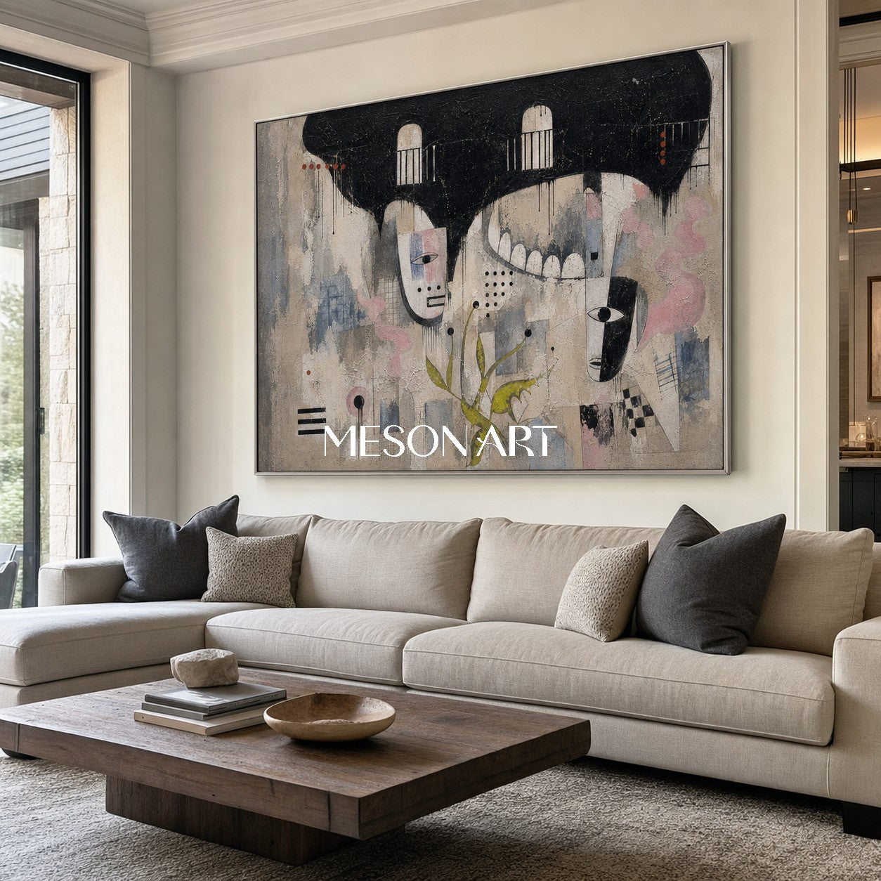 ベージュと黒のアーバン・トーテムモチーフの抽象的なグラフィティの肖像画