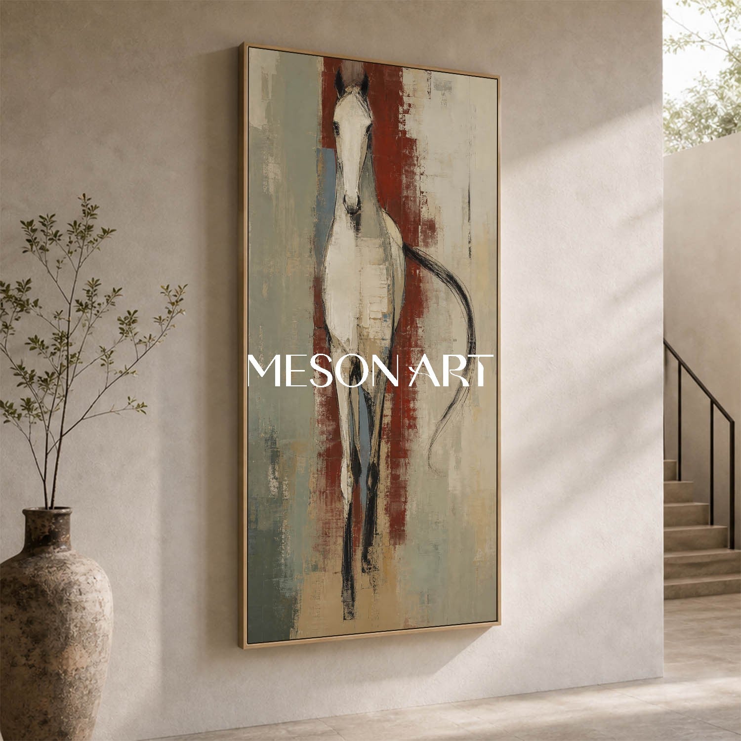 Minimalist Horse Painting In Earthy Tones For Living Room And Entryway Decor