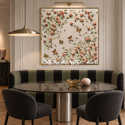 Pink And Green Textured Botanical Painting Original Hand Painted Square Wall Art By Mesonart