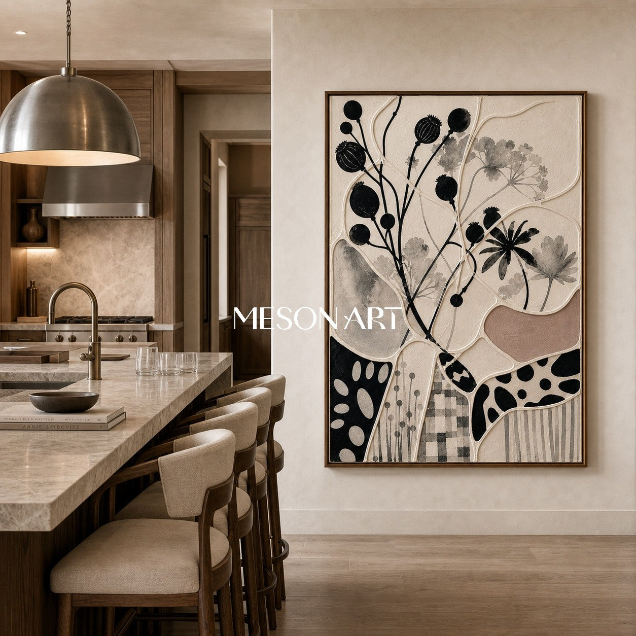 Abstract Botanical Art With Geometric Patchwork Design For Modern Living Spaces