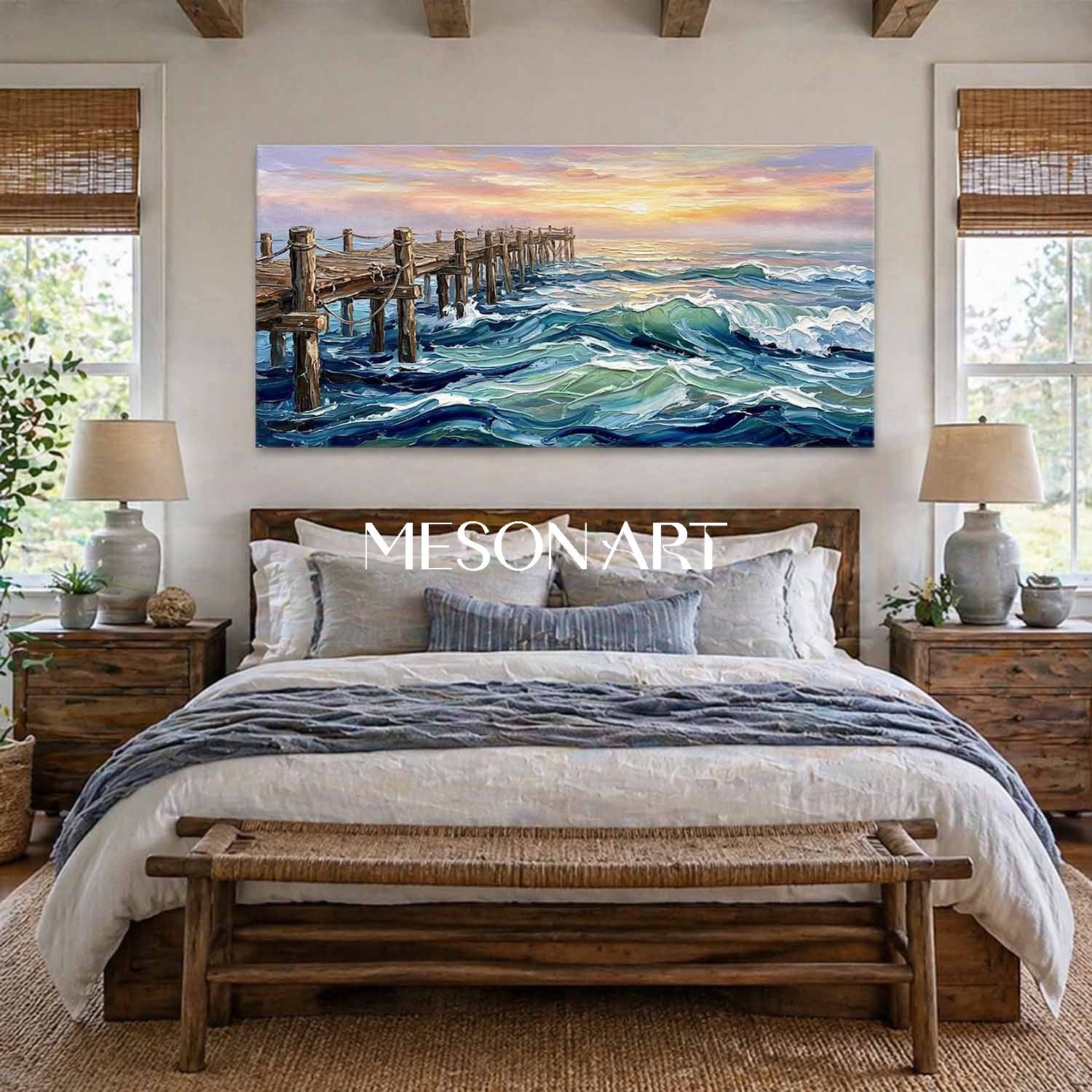 Luxury Ocean Sunset Painting With Impasto Waves And Wooden Pier For Living Room Decor
