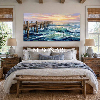 Luxury Ocean Sunset Painting With Impasto Waves And Wooden Pier For Living Room Decor
