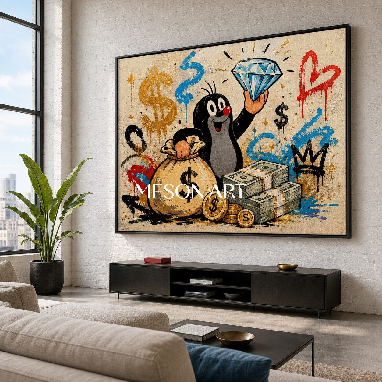 Playful Mole Graffiti Art With Dollar Signs For Modern Living Room Decor