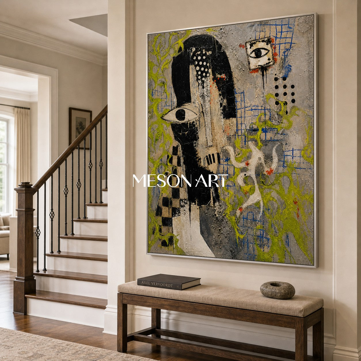 Urban Graffiti Portrait Art With Symbolic Eyes And Green Accents For Modern Loft Decor