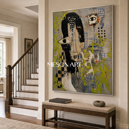 Urban Graffiti Portrait Art With Symbolic Eyes And Green Accents For Modern Loft Decor