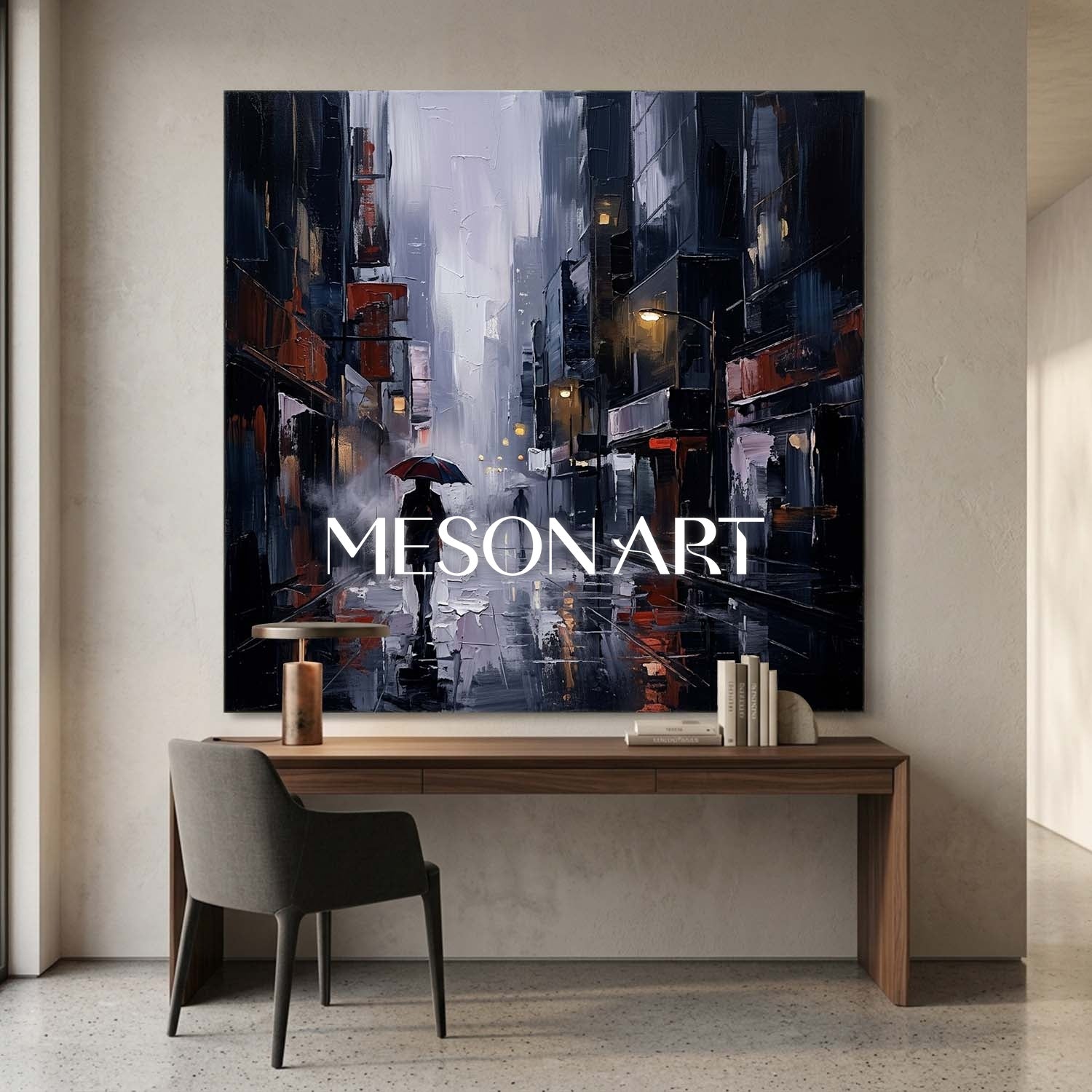 Abstract City Street Painting With Plaster Texture For Modern Living Room Decor