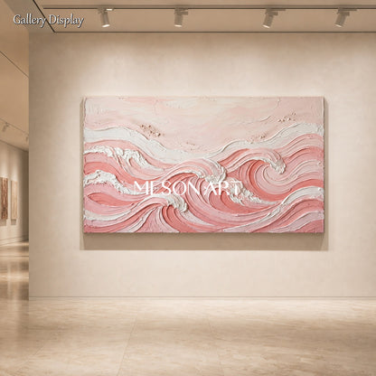 Pink Wave Textured Wall Art For Modern Bedroom Decor With Soft Brushwork