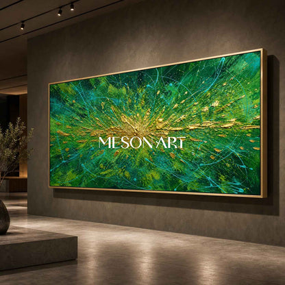Emerald Green And Gold Pollock Abstract Painting For Modern Living Room Decor