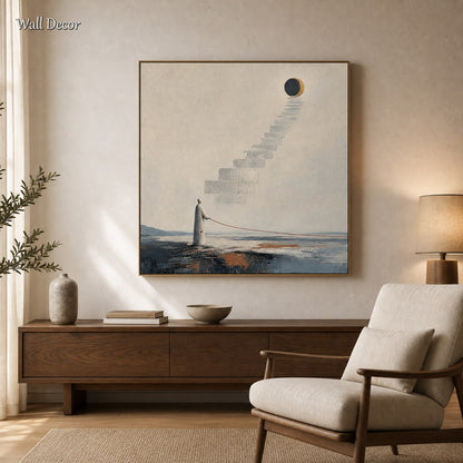 Surrealist Stairway To Moon Original Painting With Textured Plaster And Gold Frame For Living Room