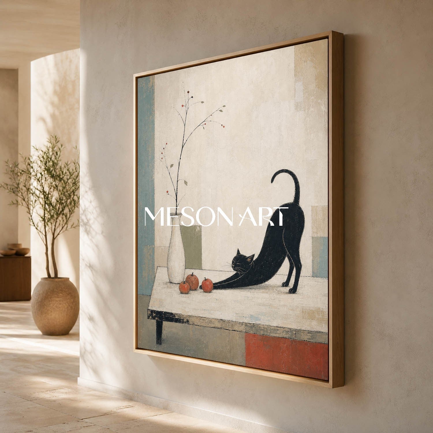 Minimalist Black Cat Painting With Autumn Fruits And Art Deco Background For Living Room Entryway Decor
