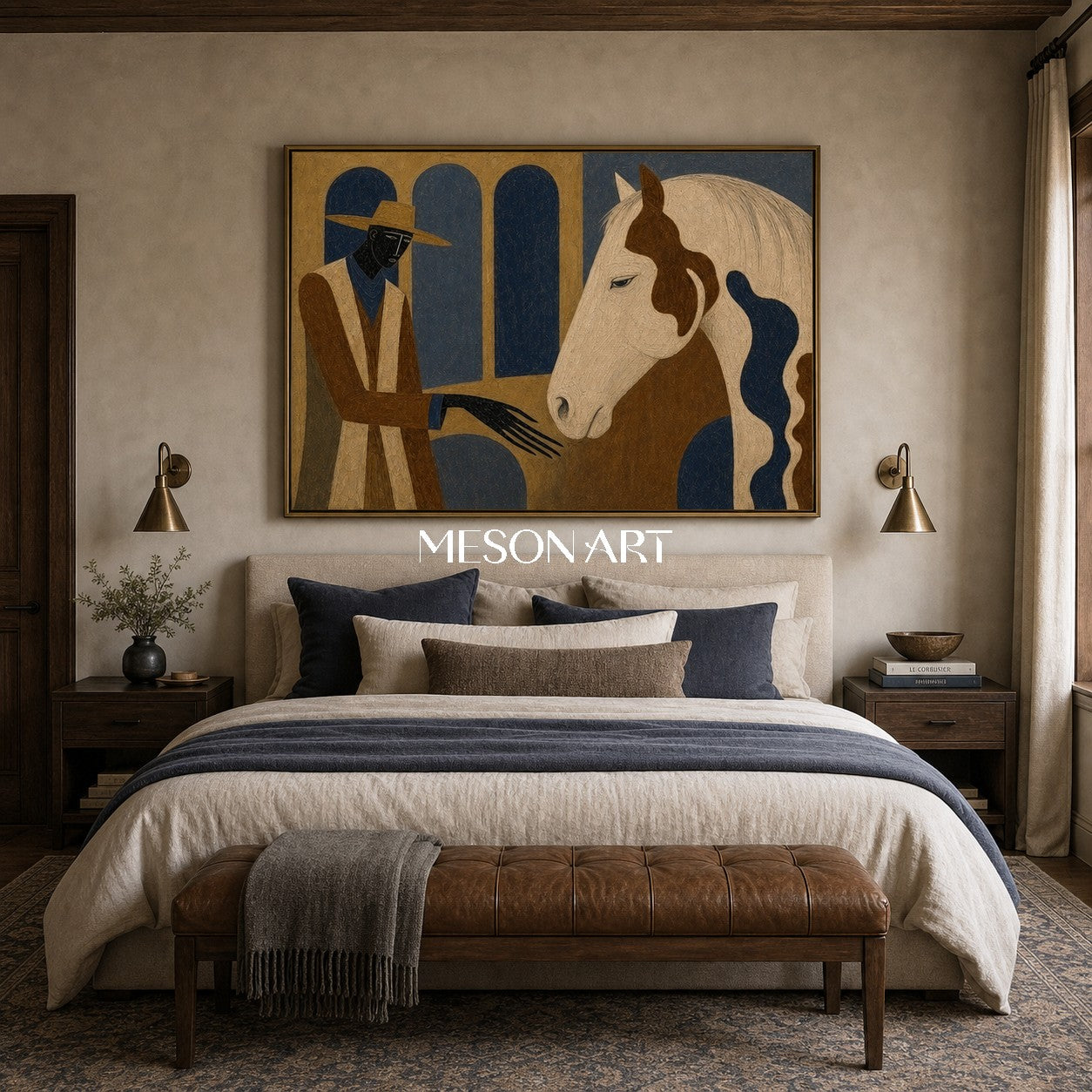 Art Deco Cowboy And Horse Painting For Living Room Decor
