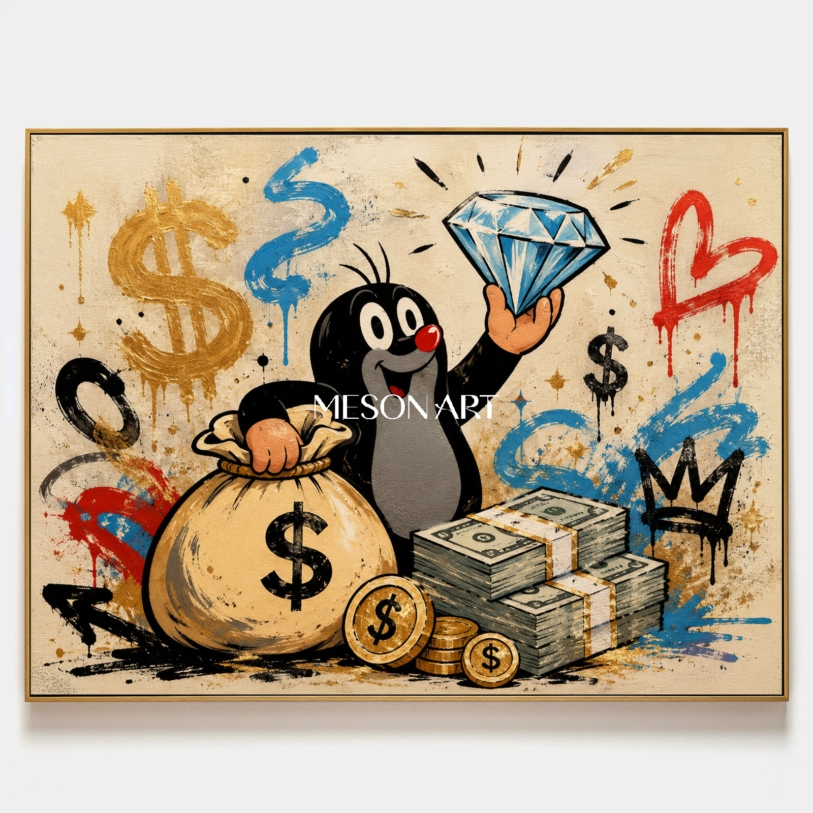 Playful Mole Graffiti Art With Dollar Signs For Modern Living Room Decor