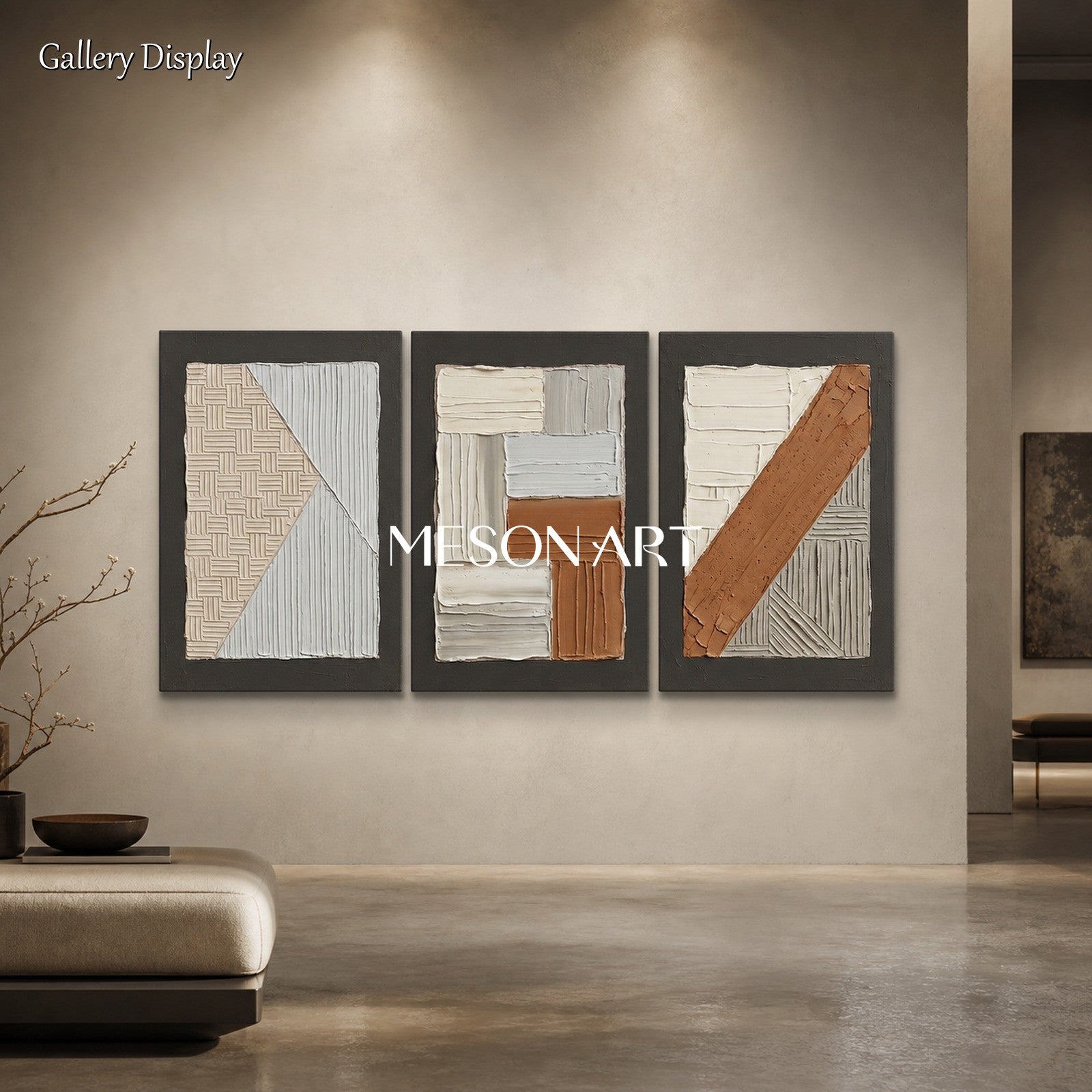 Minimalist Brown White Textured Wall Art Triptych For Modern Living Room Decor
