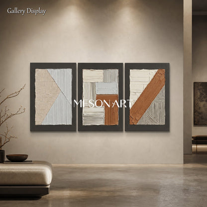 Minimalist Brown White Textured Wall Art Triptych For Modern Living Room Decor