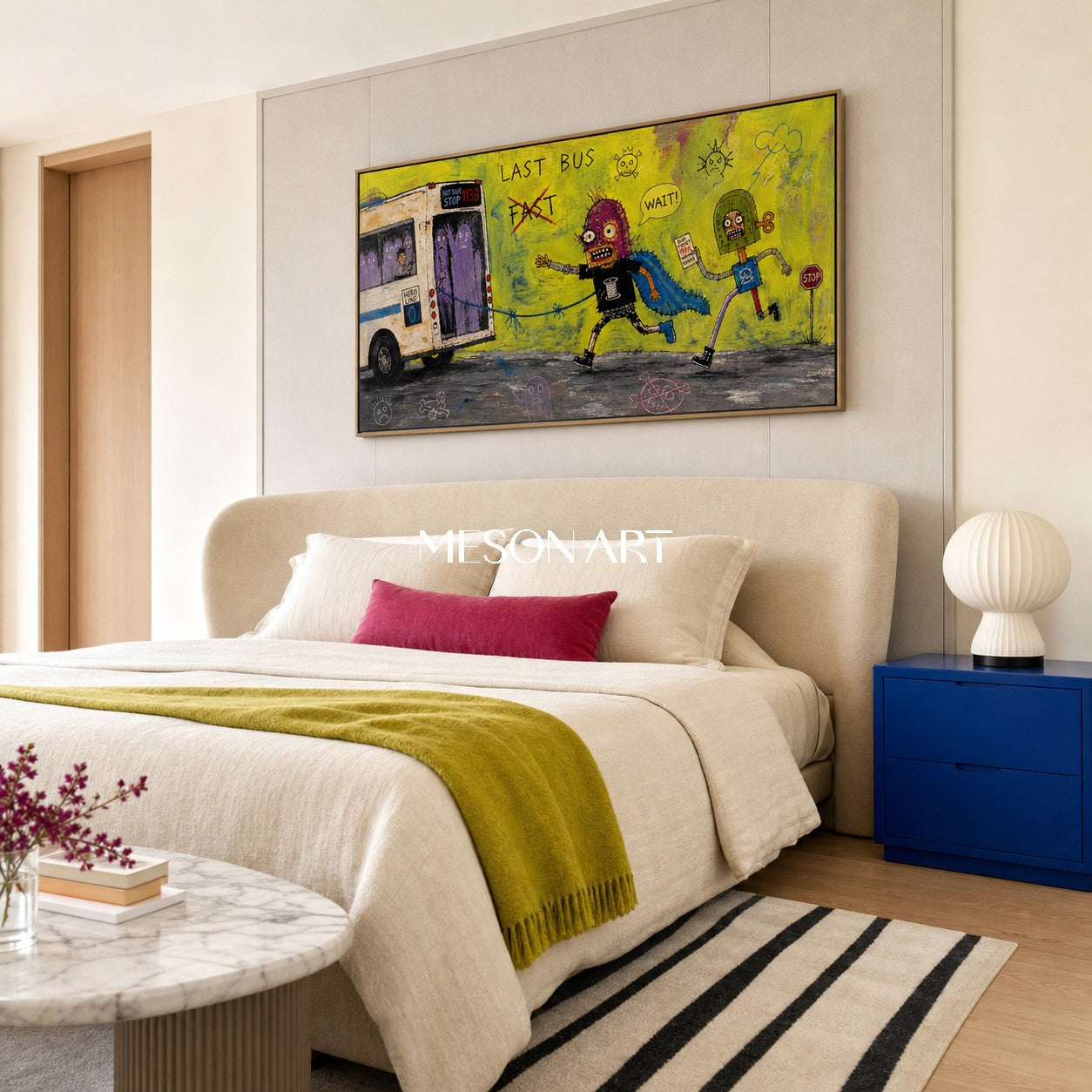 Green And Purple Graffiti Narrative Cartoon Bus Urban Textured Panoramic Wall Art Original Artist By Mesonart