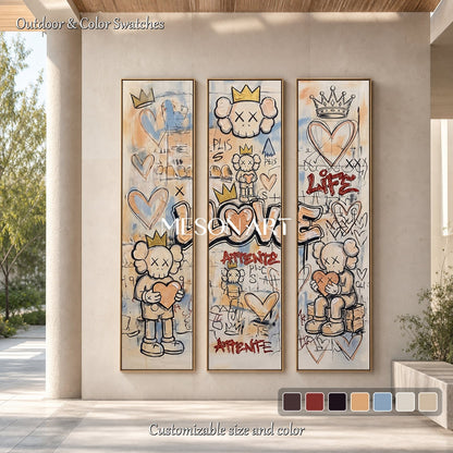 Original Graffiti Triptych With Kaws Inspired Icons For Modern Living Room Decor