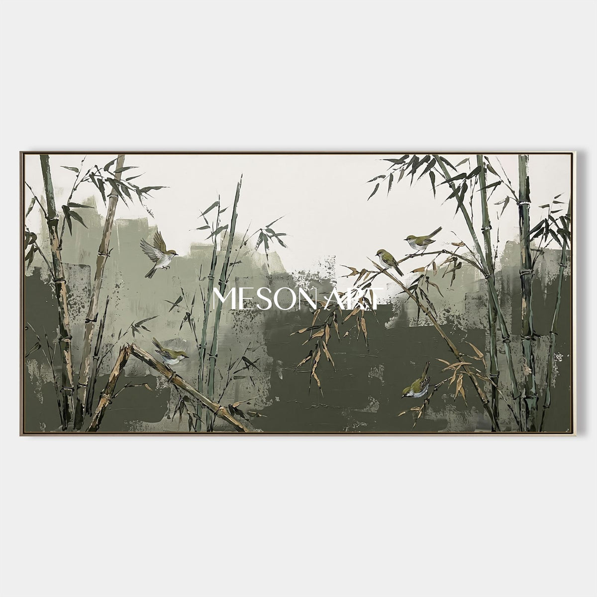 Green And Beige Bamboo And Warbler Art Panoramic Wall Decor For Living Room By Mesonart