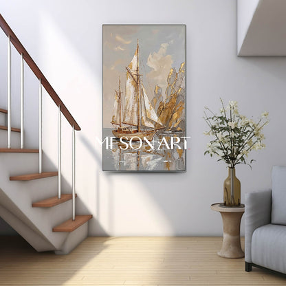 Art Deco Sailboat Painting With Gold Accents For Coastal Living Room Decor