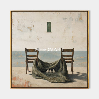 Surrealist Coastal Art With Birds And Chairs For Living Room Decor