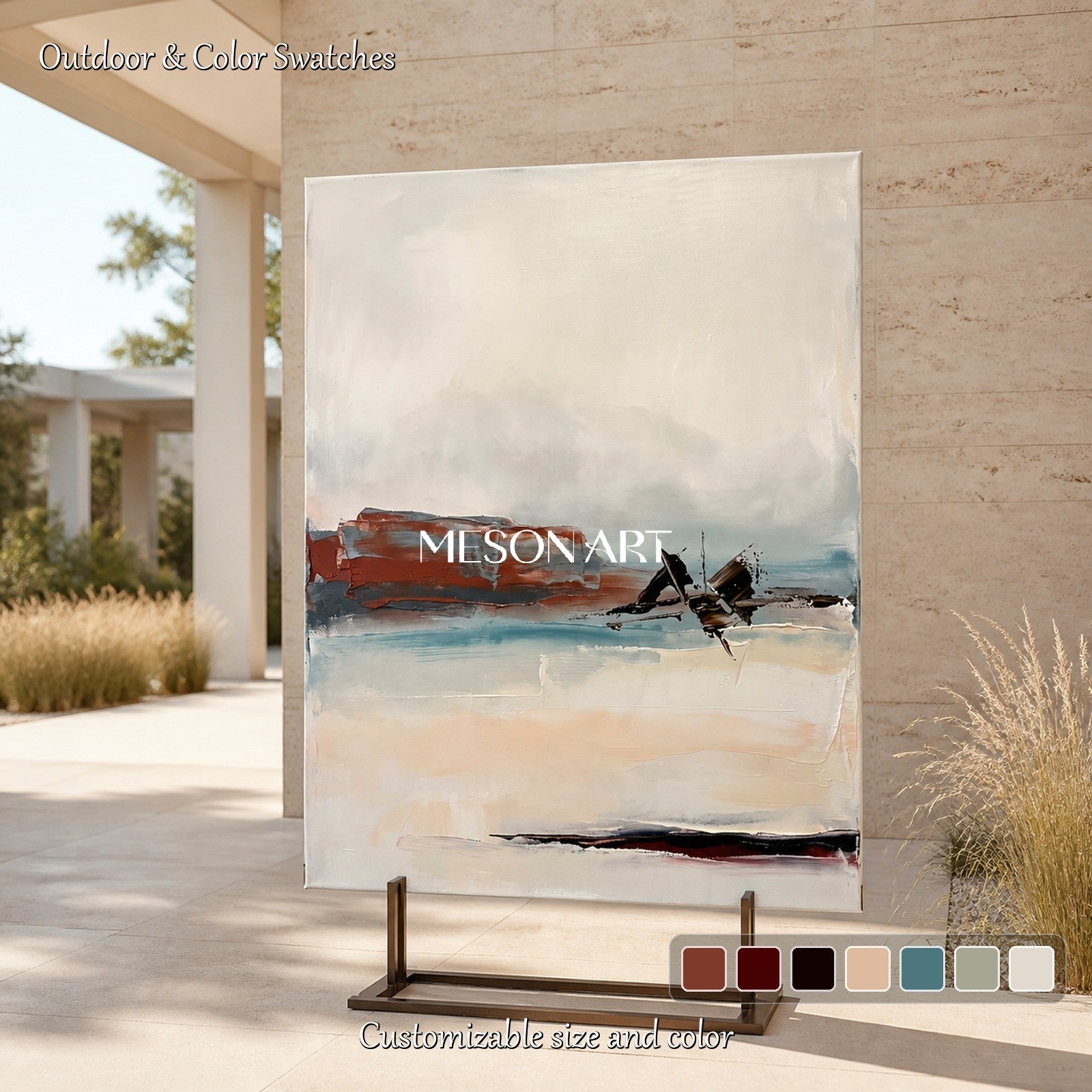 Beige And Black Abstract Landscape Painting Contemporary Expressionist Art Rectangular Wall Decor For Living Room By Mesonart