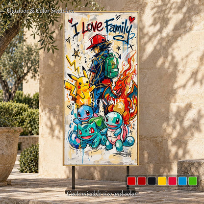 Decorazione murale panoramica in stile pop art con graffiti di Pokémon gialli e rossi per la cameretta dei bambini, realizzata da Mesonart