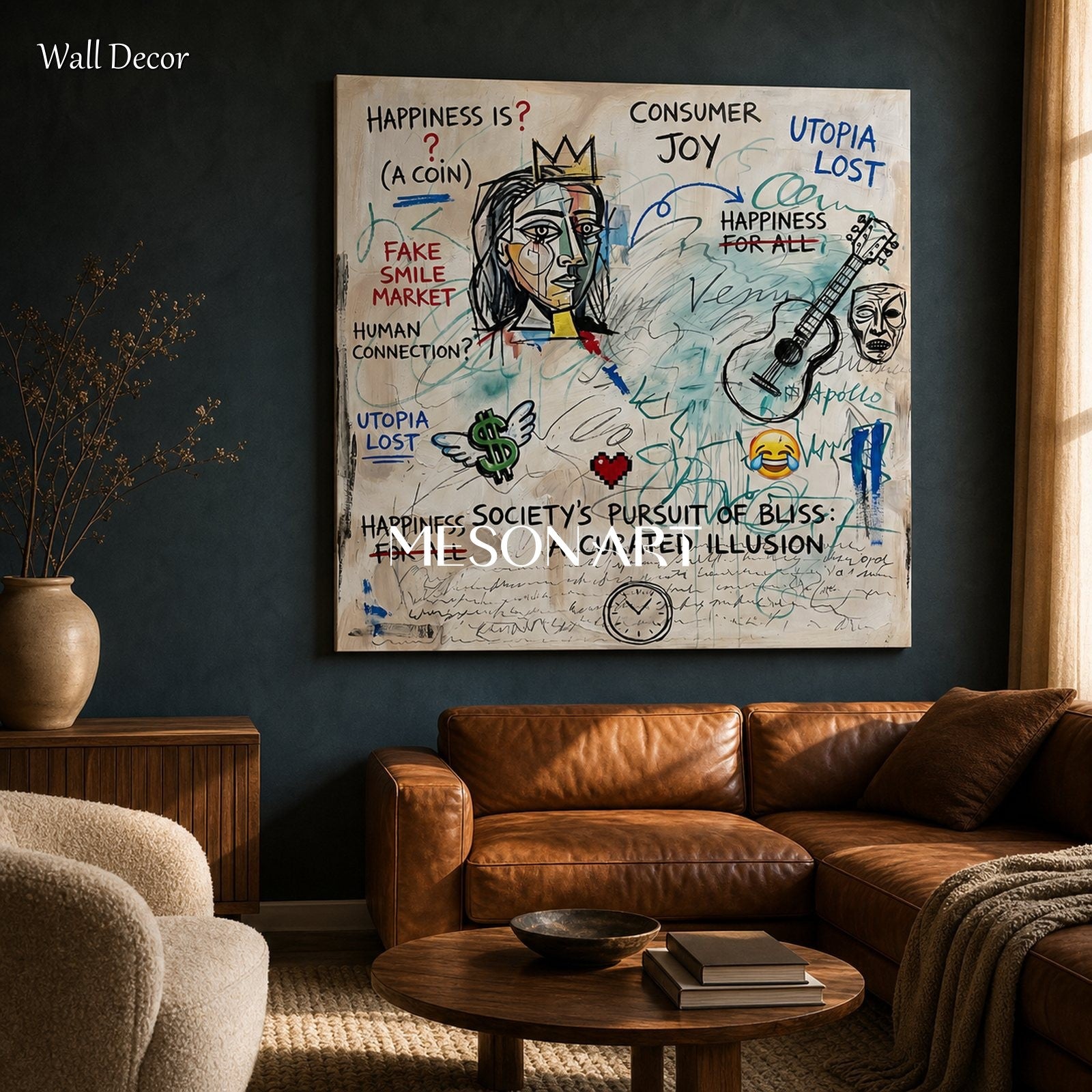 Abstract Graffiti Style Painting With Text For Modern Living Room Wall Decor