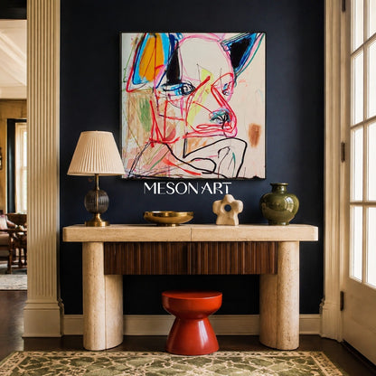 Red And Blue Graffiti Expressionist Abstract Portrait Square Wall Art For Living Room By Mesonart