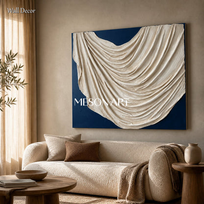 White And Blue Minimalist Textured Art Plaster Relief 3D Sculptural Wall Rectangular By Mesonart