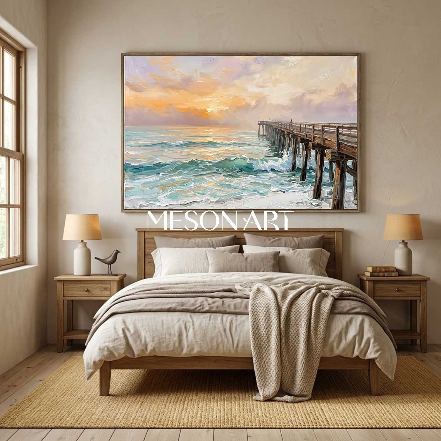 Luxury Golden Sunset Ocean Painting With Wooden Pier For Coastal Living Room Decor