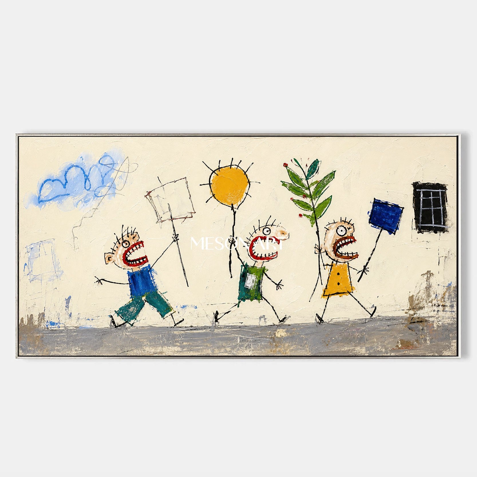Whimsical Pop Art Painting With Bold Characters And Textured Impasto For Modern Living Room Decor