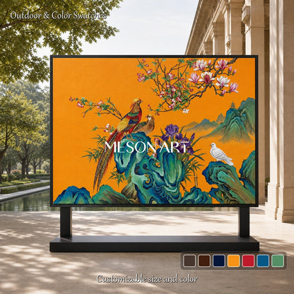 Orange And Blue Gongbi Bird And Blossom Painting Rectangular Wall Art For Living Room By Mesonart