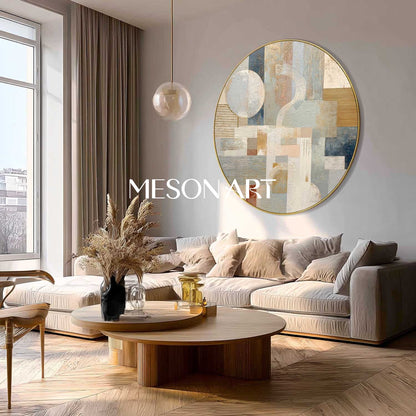 Neutral Geometric Abstraction Wall Art – Textured Round Canvas for Modern Interiors