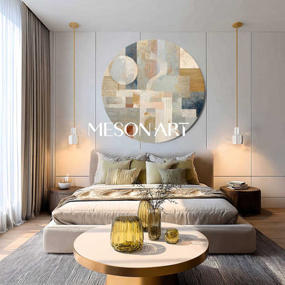 Neutral Geometric Abstraction Wall Art – Textured Round Canvas for Modern Interiors