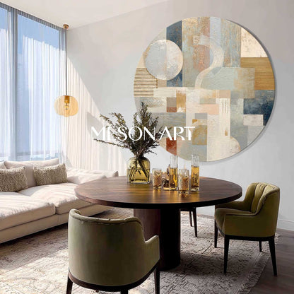 Neutral Geometric Abstraction Wall Art – Textured Round Canvas for Modern Interiors