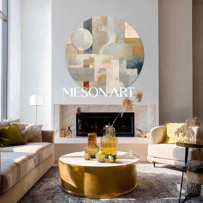 Neutral Geometric Abstraction Wall Art – Textured Round Canvas for Modern Interiors