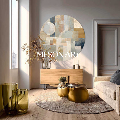 Neutral Geometric Abstraction Wall Art – Textured Round Canvas for Modern Interiors