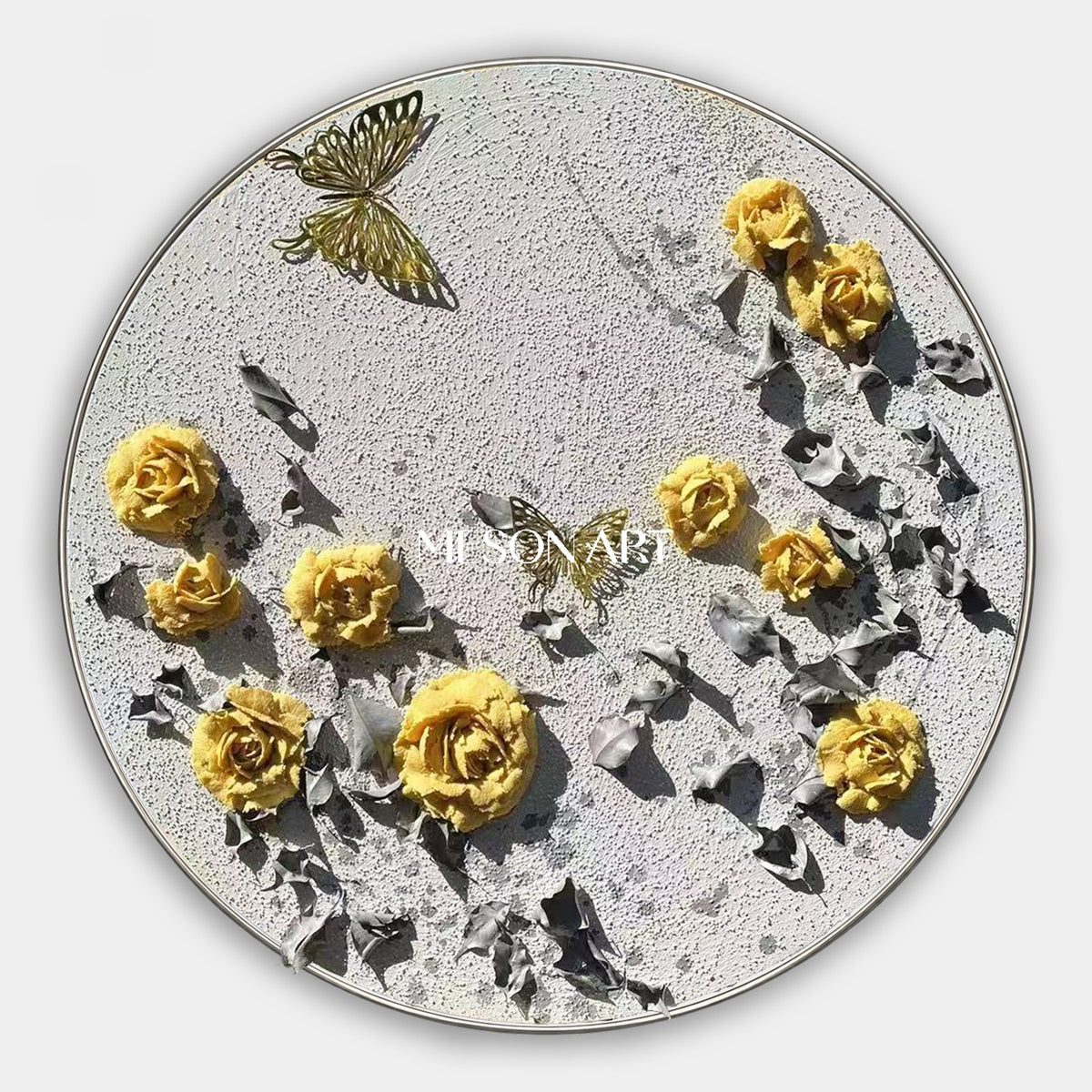 Yellow And Gray Botanical Impression Painting Circular Wall Art Original Hand Painted By Mesonart