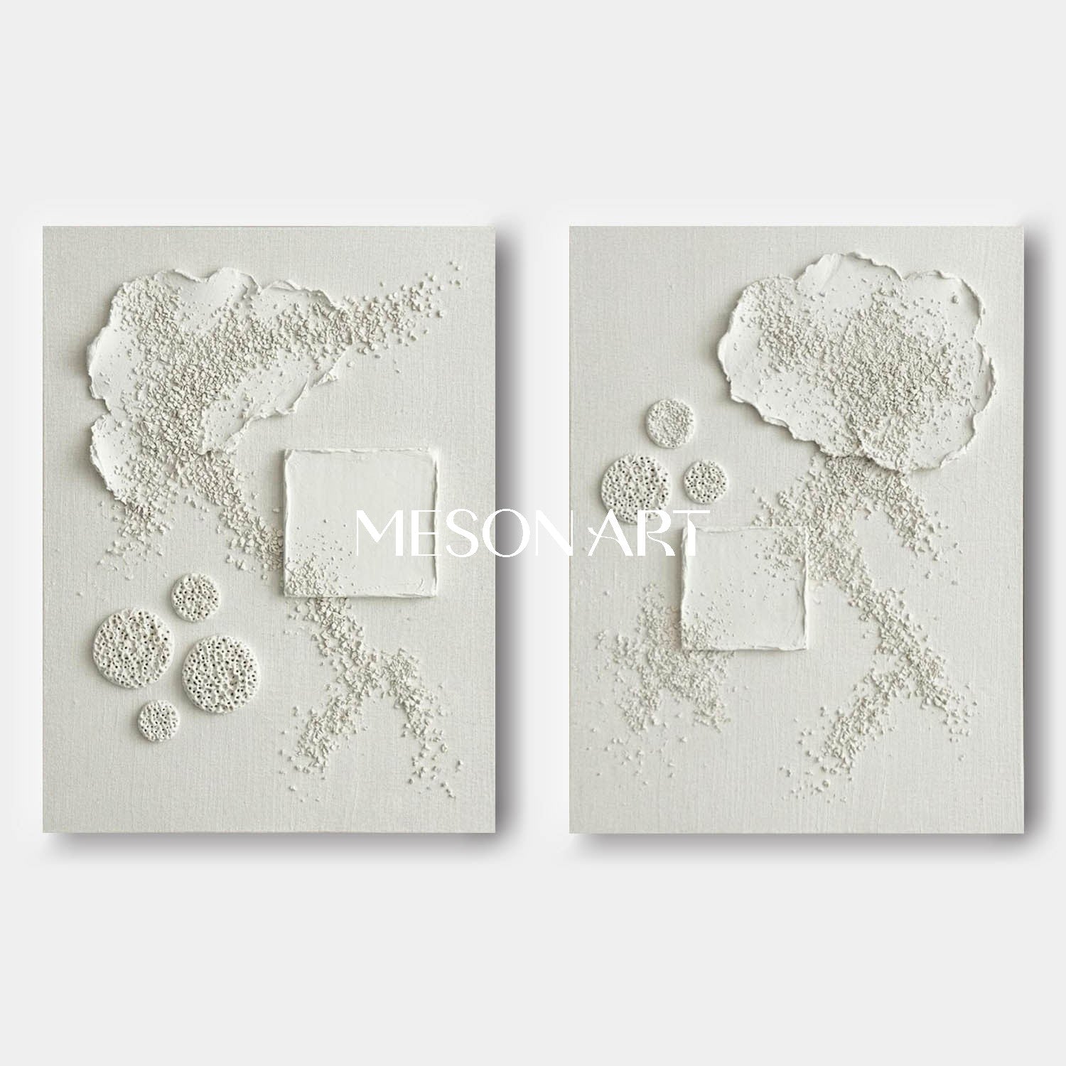 Minimalist 3D White Textured Canvas Painting Set of 2 - Abstract Plaster Relief Diptych Wall Art by MesonArt
