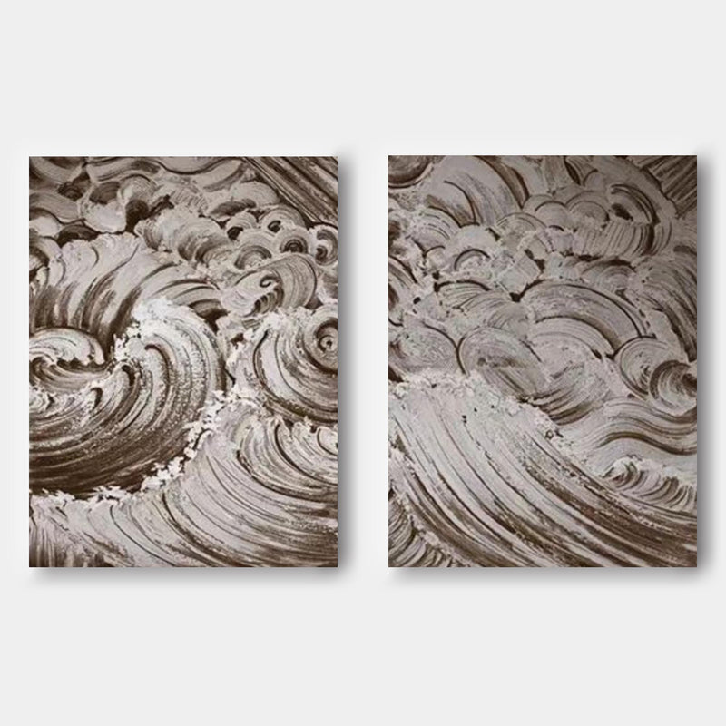 White Ocean Wave Textured Canvas Painting Set of 2 Wabi-Sabi Wall Decor Art Minimalist Art