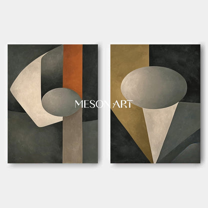 Modern Abstract Geometric Oil Painting Gray Canvas Living Room Triptych