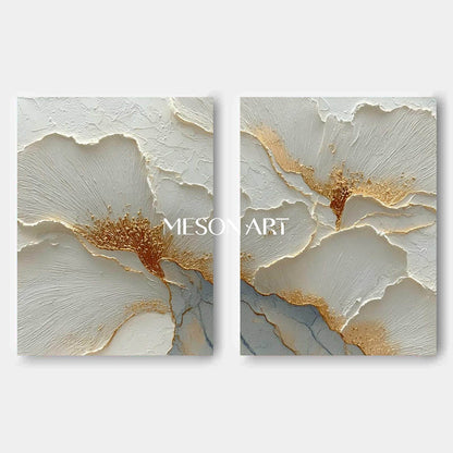 2-Piece Set White and Gold Plaster Canvas Art for Sale, Plaster Flower Paintings