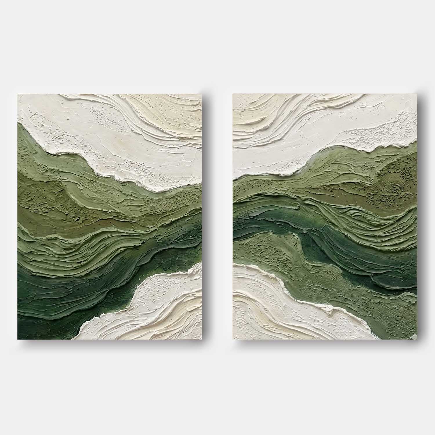 2-Piece Set Of Green Wave Living Room Painting Green Abstract Canvas Wall Art Decoration