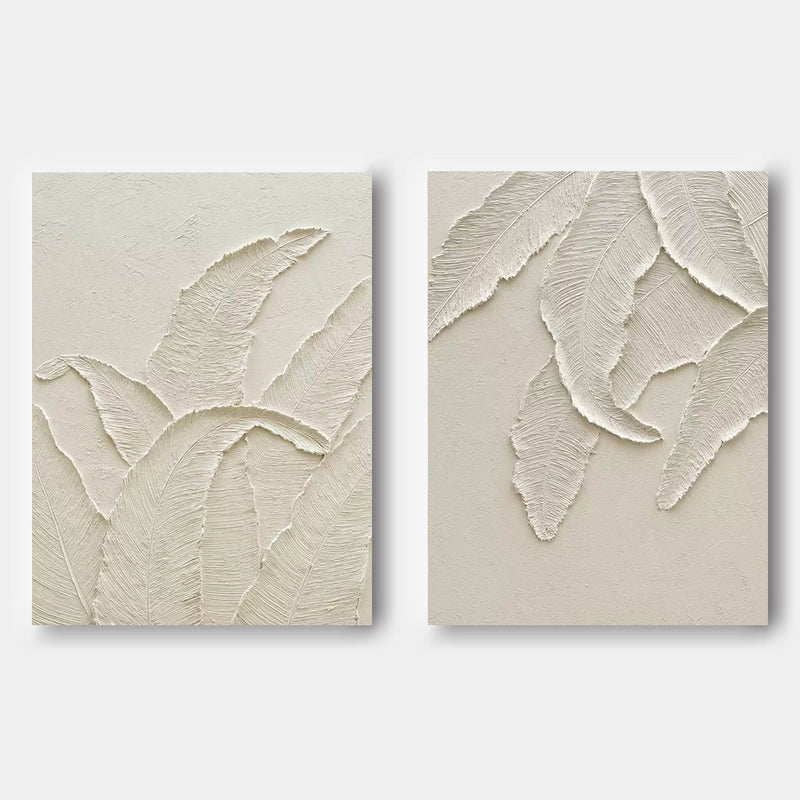 White Leaf Textured Canvas Art Set of 2 Heavy Textured Acrylic Painting Plaster Wall Art