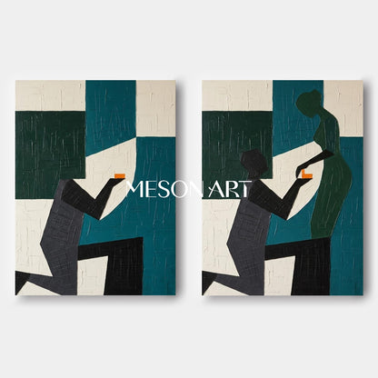 2-Piece Set Of 3D Textured Abstract Couple Proposal Oil Painting Geometric Plaster Canvas Wall Art for Modern Romantic Home Decor