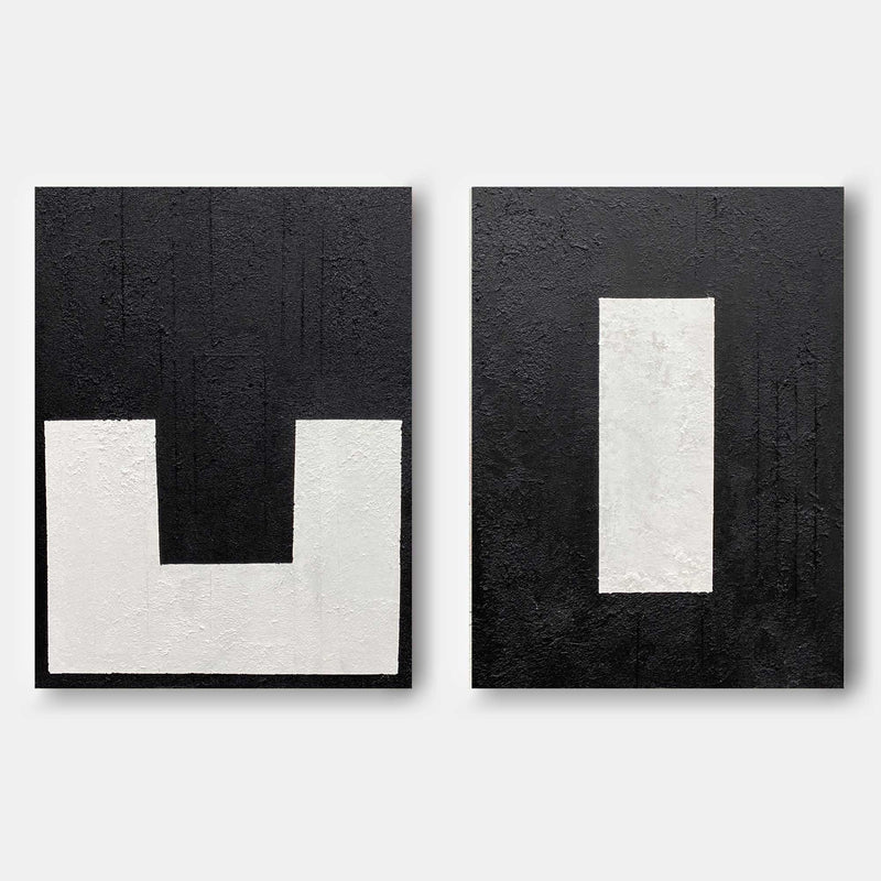 Black and White Art on Canvas Wabi Sabi Art Set of 2 Minimalist Black and White Oil Paintings