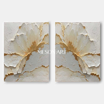 2-Piece Set White and Gold Plaster Texture Paintings for Sale, Plaster Flower Art