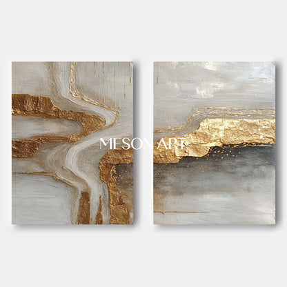 Abstract Textured Gold and Gray Canvas Wall Art 2 Piece Modern Painting Set for Living Room 